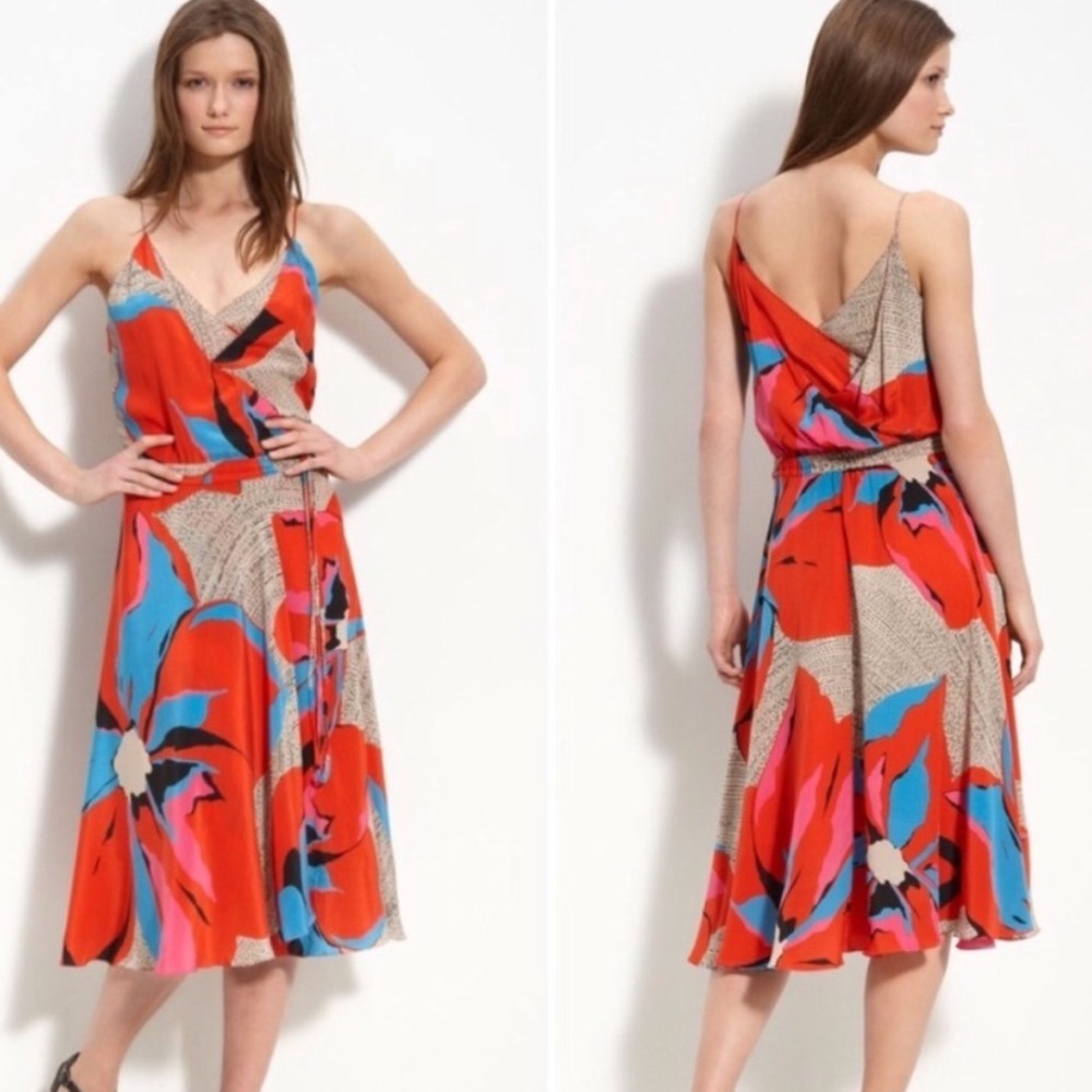 Leifsdottir Floral faux Wrap Midi Dress Women 0 Red Blue Abstract Silk